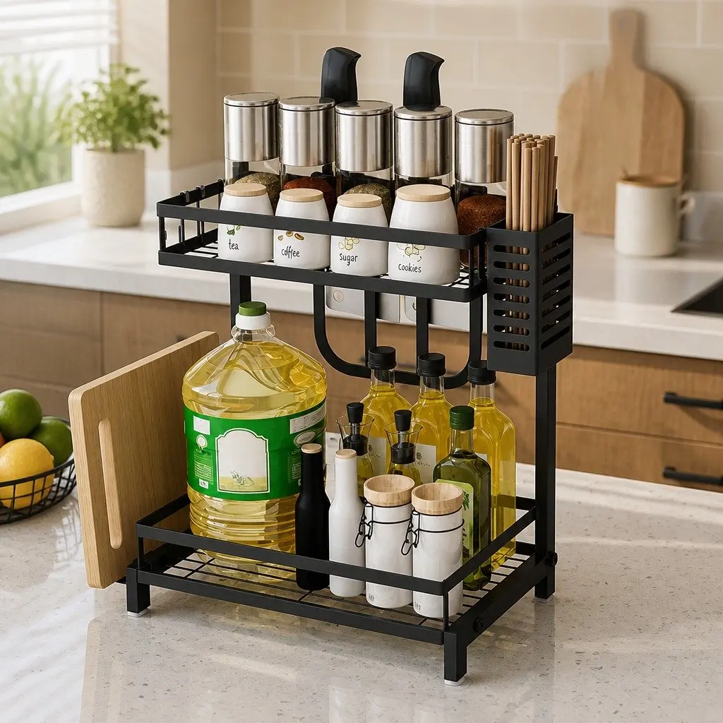 2-Tier Kitchen Spice Rack Organizer Storage Shelf Countertop Black