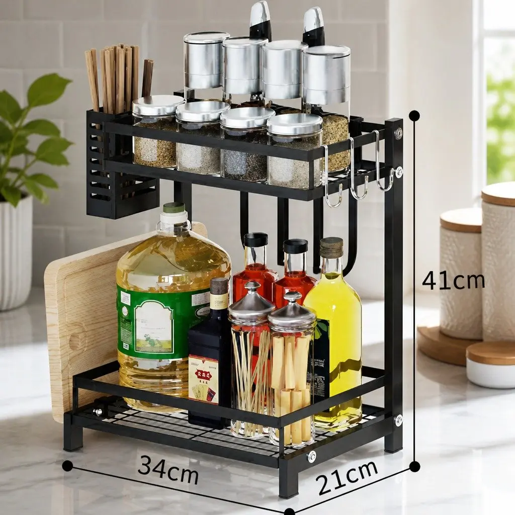 2-Tier Kitchen Spice Rack Organizer Storage Shelf Countertop Black