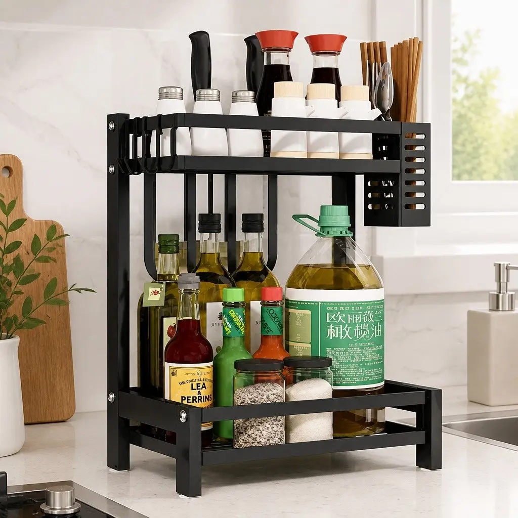 2-Tier Kitchen Spice Rack Organizer Storage Shelf Countertop Black