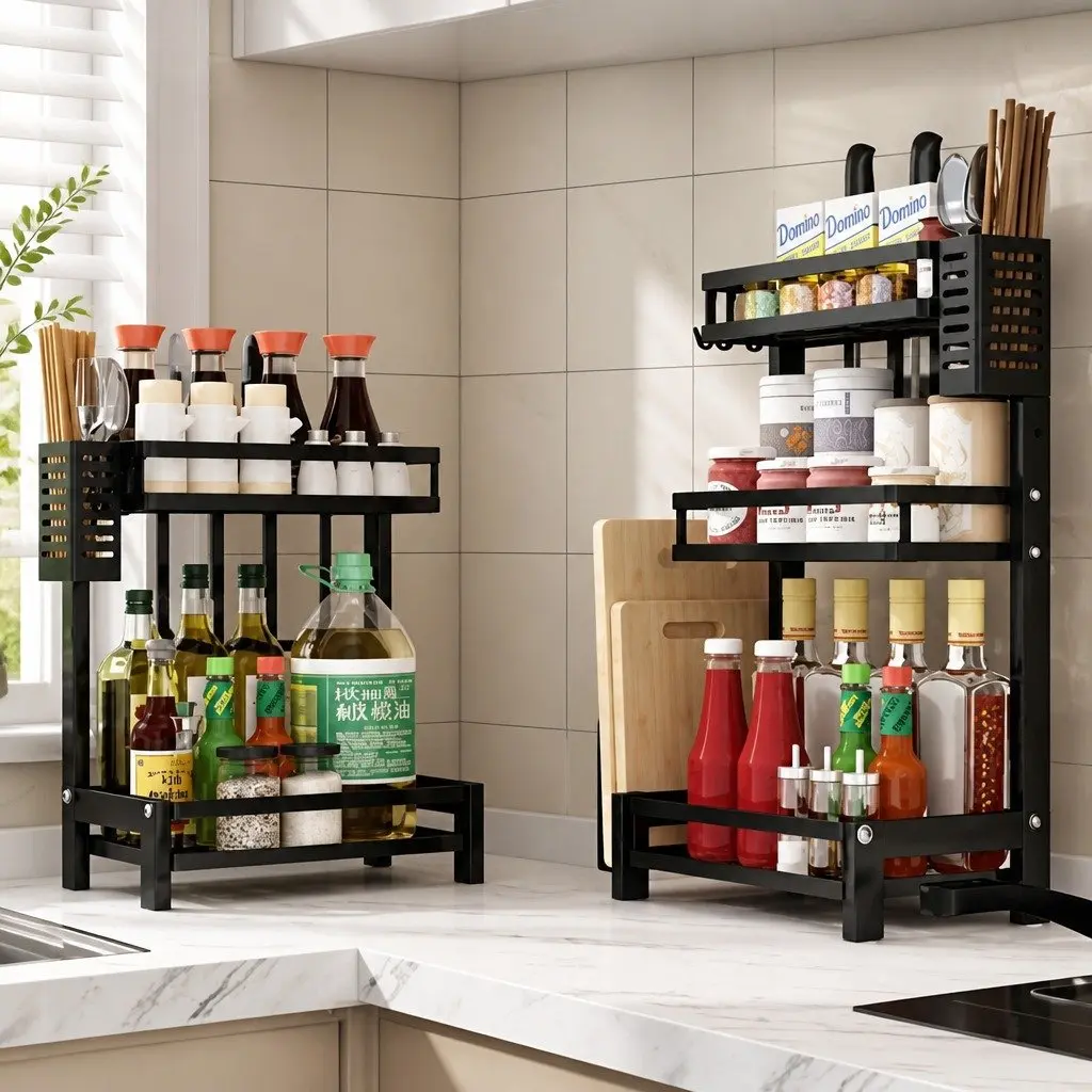 2-Tier Kitchen Spice Rack Organizer Storage Shelf Countertop Black