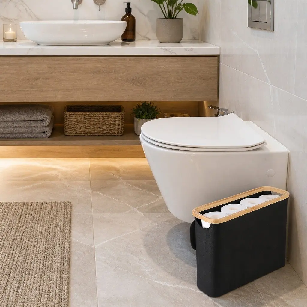 Toilet Paper Storage Basket Organizer 2 Pack Black Bamboo Lid Handle 35x45x15 cm
