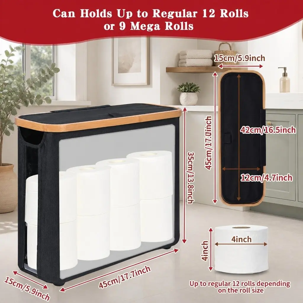 Toilet Paper Storage Basket Organizer 2 Pack Black Bamboo Lid Handle 35x45x15 cm