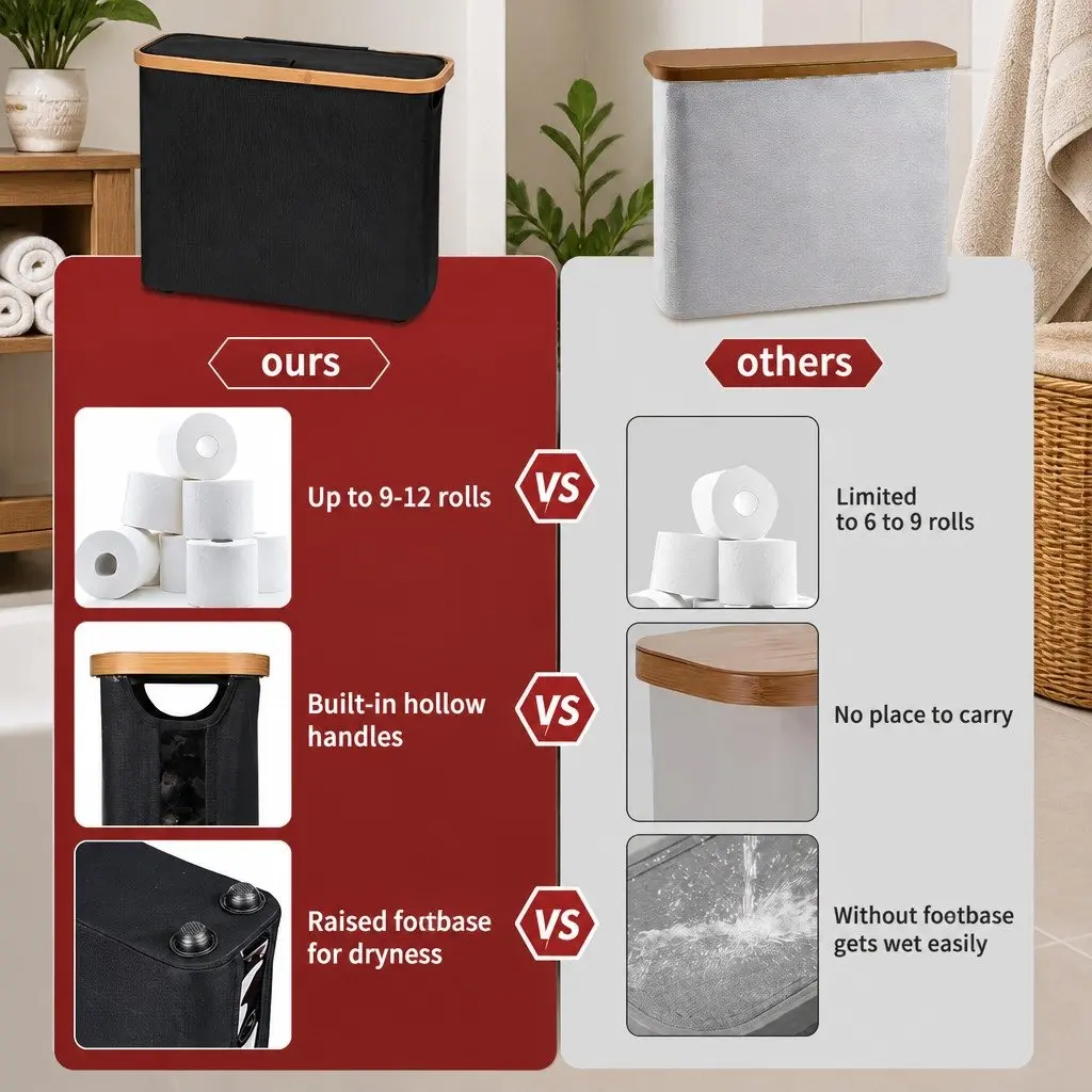 Toilet Paper Storage Basket Organizer 2 Pack Black Bamboo Lid Handle 35x45x15 cm
