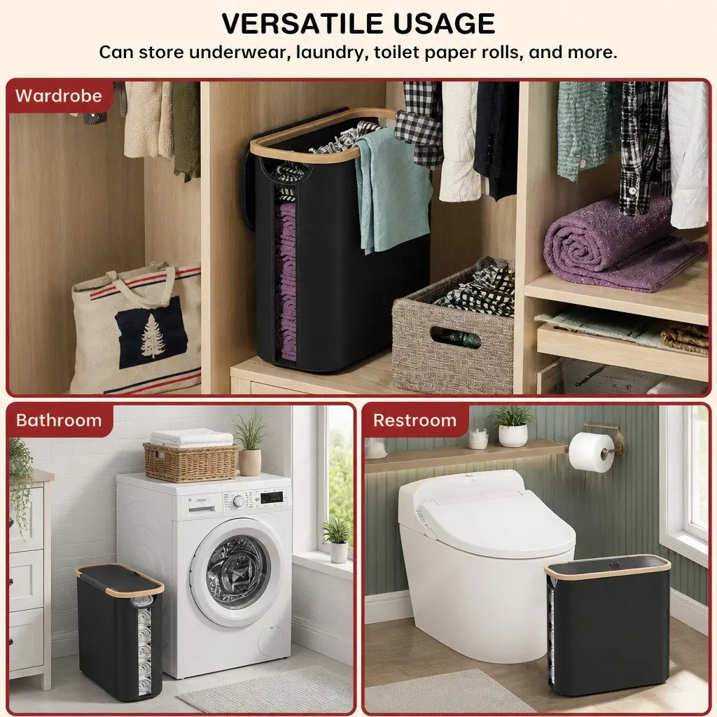 Toilet Paper Storage Basket Organizer 2 Pack Black Bamboo Lid Handle 35x45x15 cm