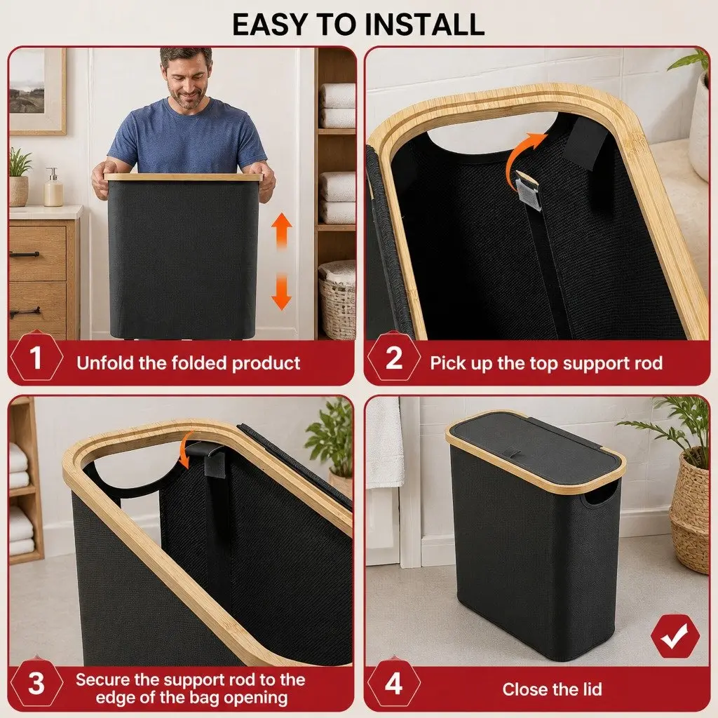 Toilet Paper Storage Basket Organizer 2 Pack Black Bamboo Lid Handle 35x45x15 cm