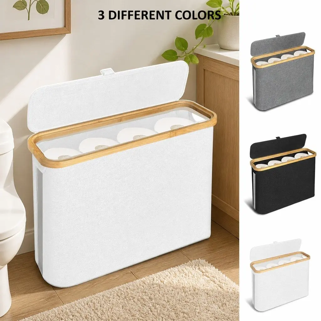 Toilet Paper Storage Basket Organizer 2 Pack Black Bamboo Lid Handle 35x45x15 cm