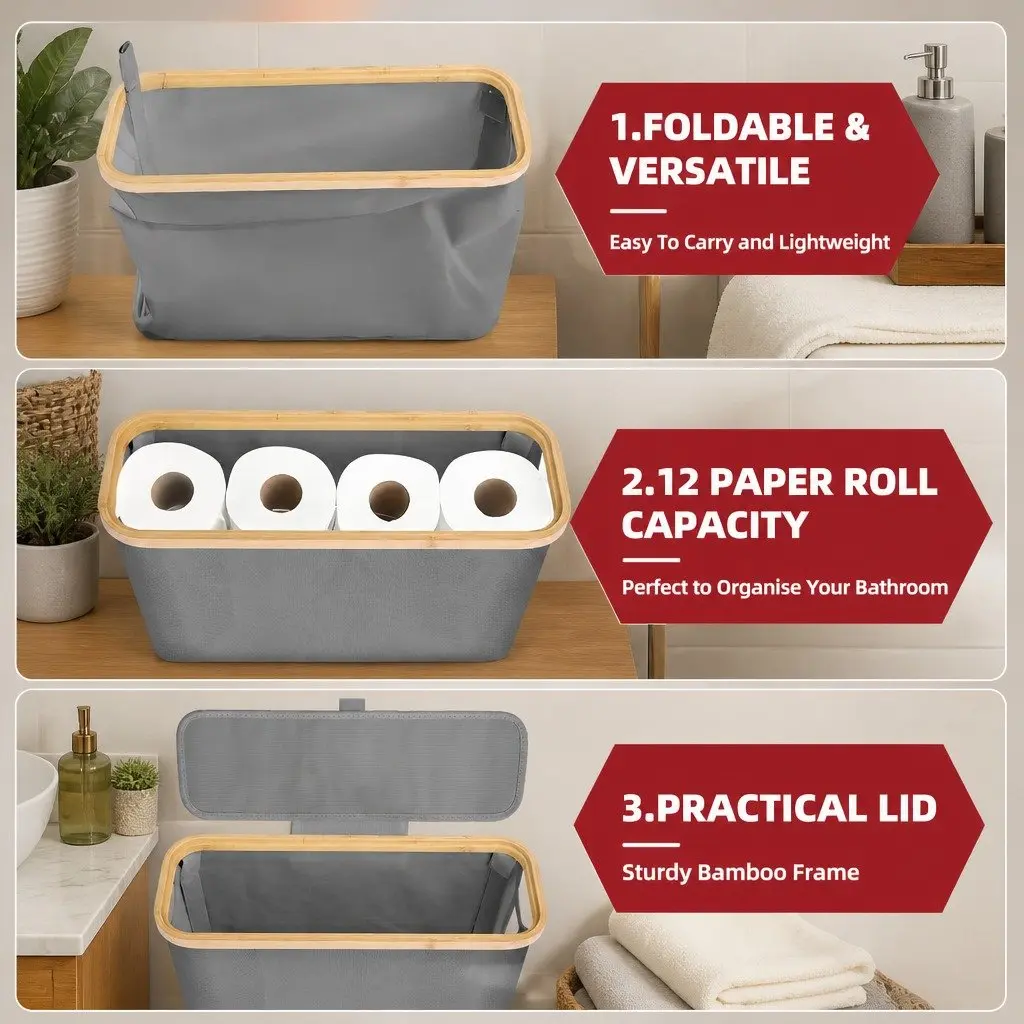 Toilet Paper Storage Basket 2 Pack Organize Conceal 12 Rolls Grey