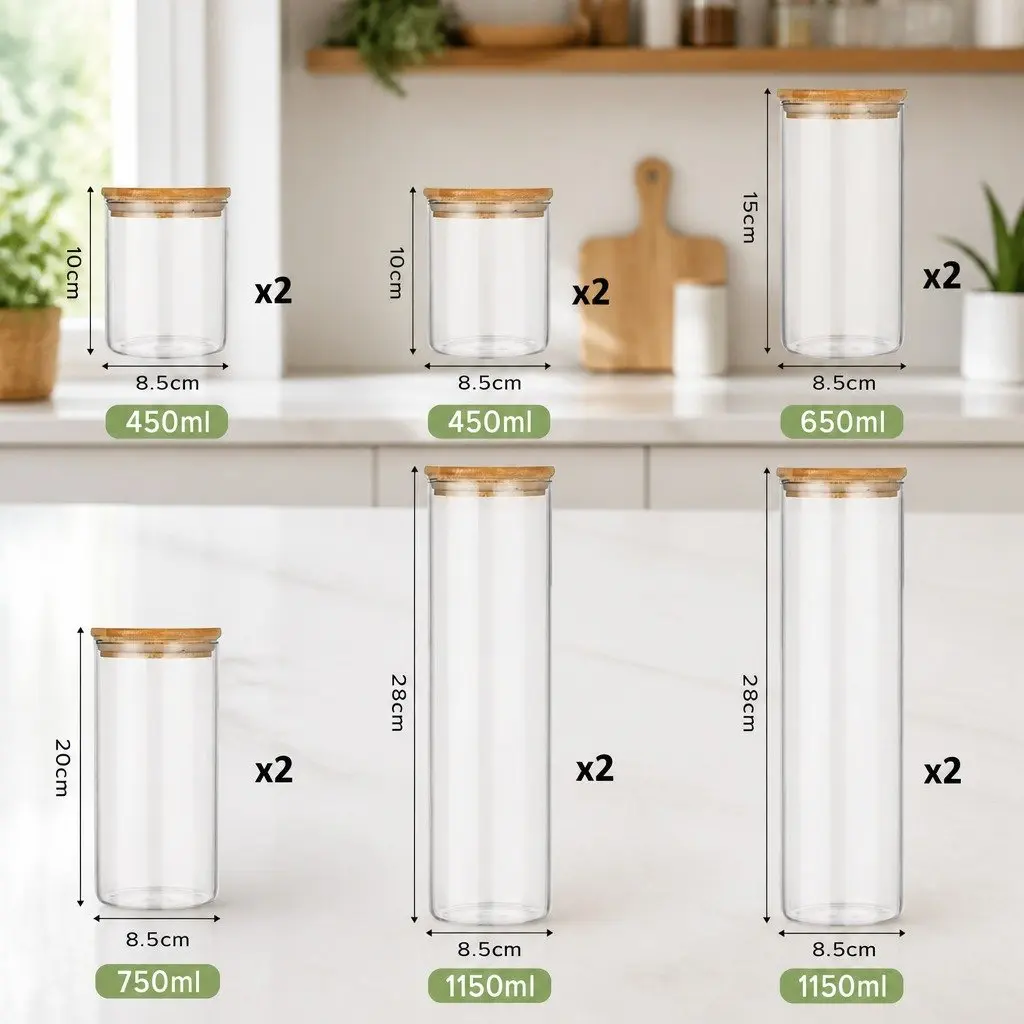 Glass Storage Jars 12 Pack with Bamboo Lids Kitchen Pantry Airtight Containers