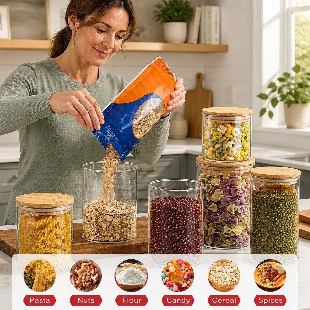 Glass Storage Jars 12 Pack with Bamboo Lids Kitchen Pantry Airtight Containers