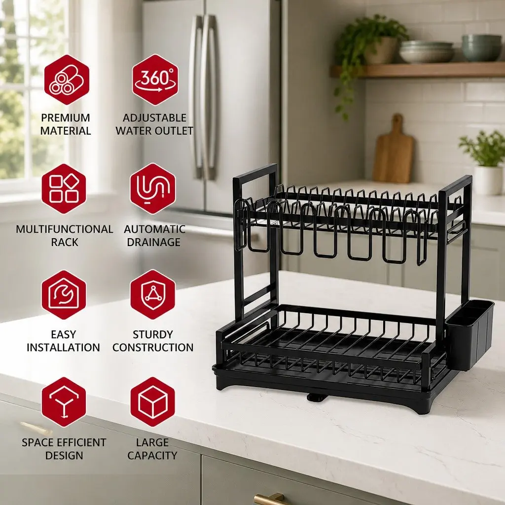 Dish Drying Rack 2-Tier Kitchen Drainer Drainboard Utensil Holder Cup Rack