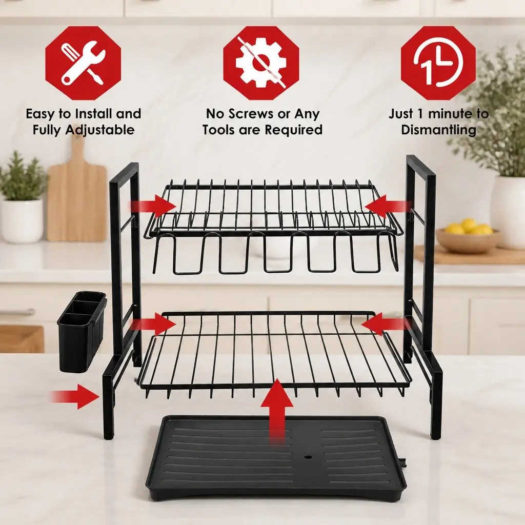 Dish Drying Rack 2-Tier Kitchen Drainer Drainboard Utensil Holder Cup Rack