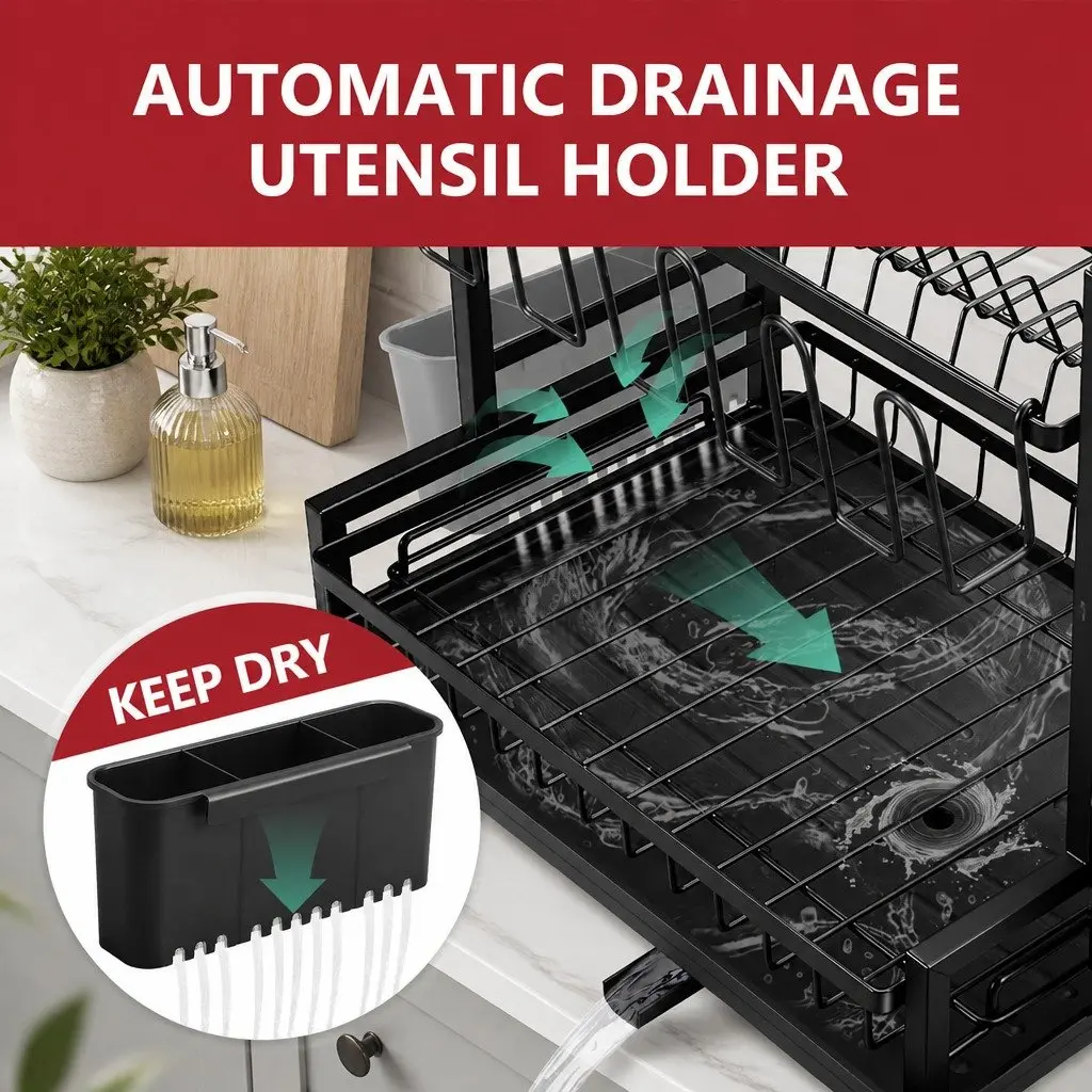 Dish Drying Rack 2-Tier Kitchen Drainer Drainboard Utensil Holder Cup Rack