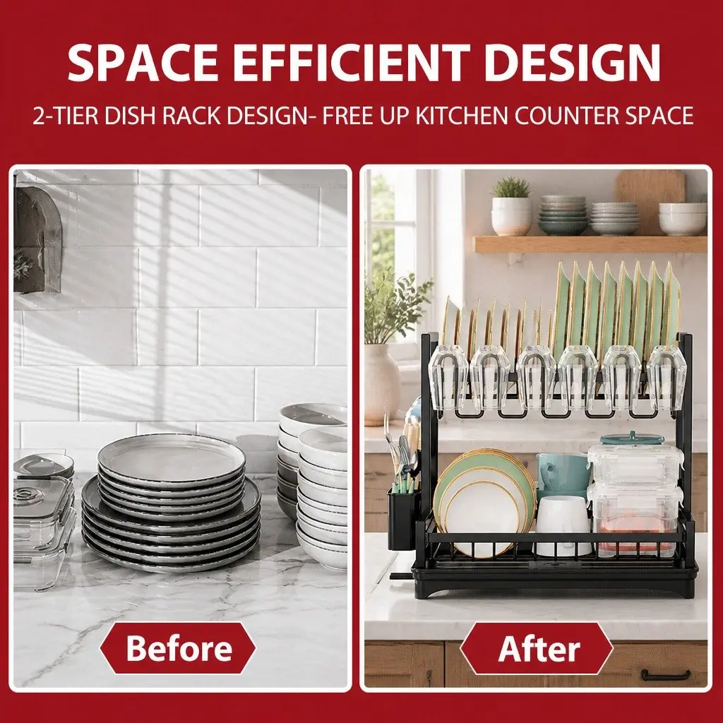 Dish Drying Rack 2-Tier Kitchen Drainer Drainboard Utensil Holder Cup Rack