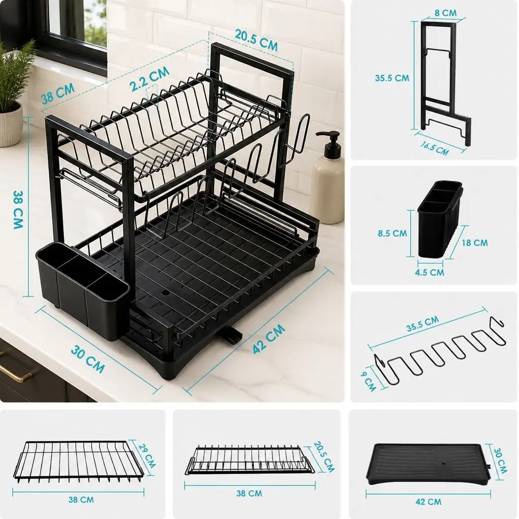 Dish Drying Rack 2-Tier Kitchen Drainer Drainboard Utensil Holder Cup Rack