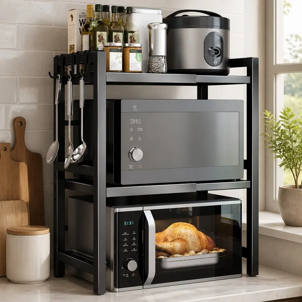 3 Tier Metal Kitchen Shelf Stand for Microwave Oven Adjustable Countertop Organizer