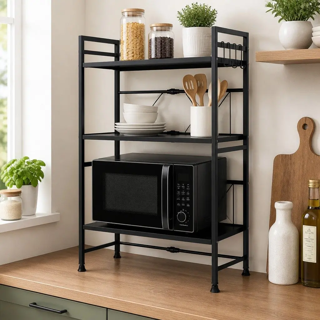 3 Tier Metal Kitchen Shelf Stand for Microwave Oven Adjustable Countertop Organizer