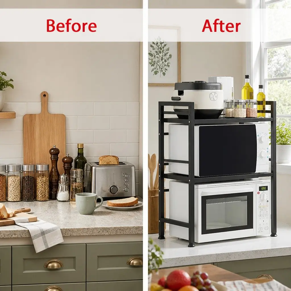 3 Tier Metal Kitchen Shelf Stand for Microwave Oven Adjustable Countertop Organizer