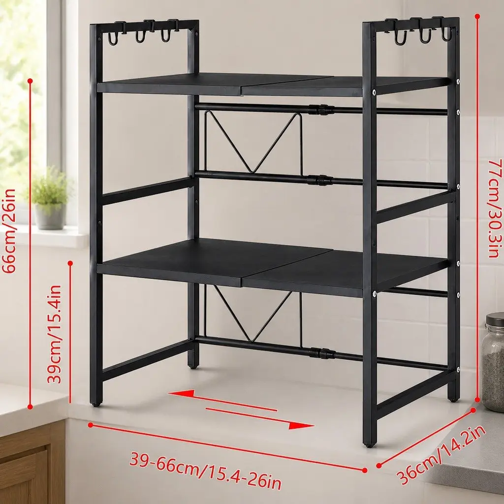 3 Tier Metal Kitchen Shelf Stand for Microwave Oven Adjustable Countertop Organizer