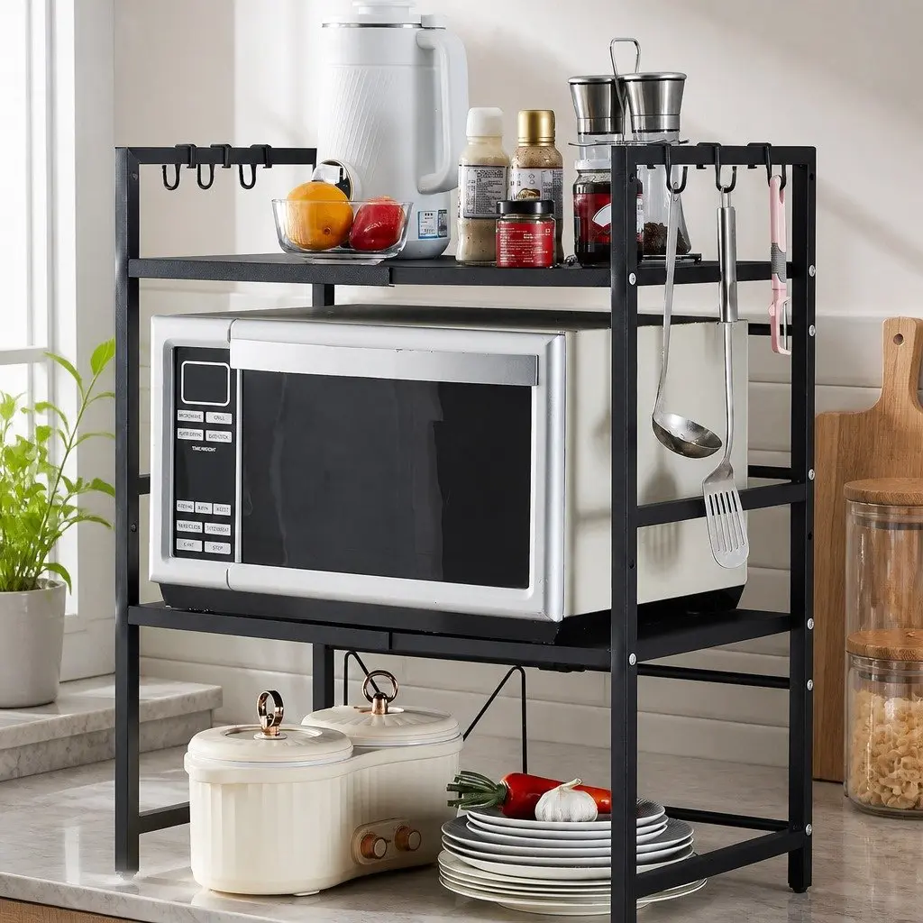 3 Tier Metal Kitchen Shelf Stand for Microwave Oven Adjustable Countertop Organizer
