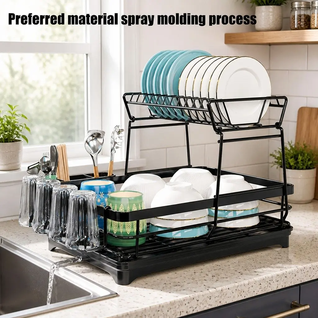 2-Tier Dish Drying Rack Kitchen Counter Utensil Holder Cup Organizer Black Carbon Steel 42x32x30cm