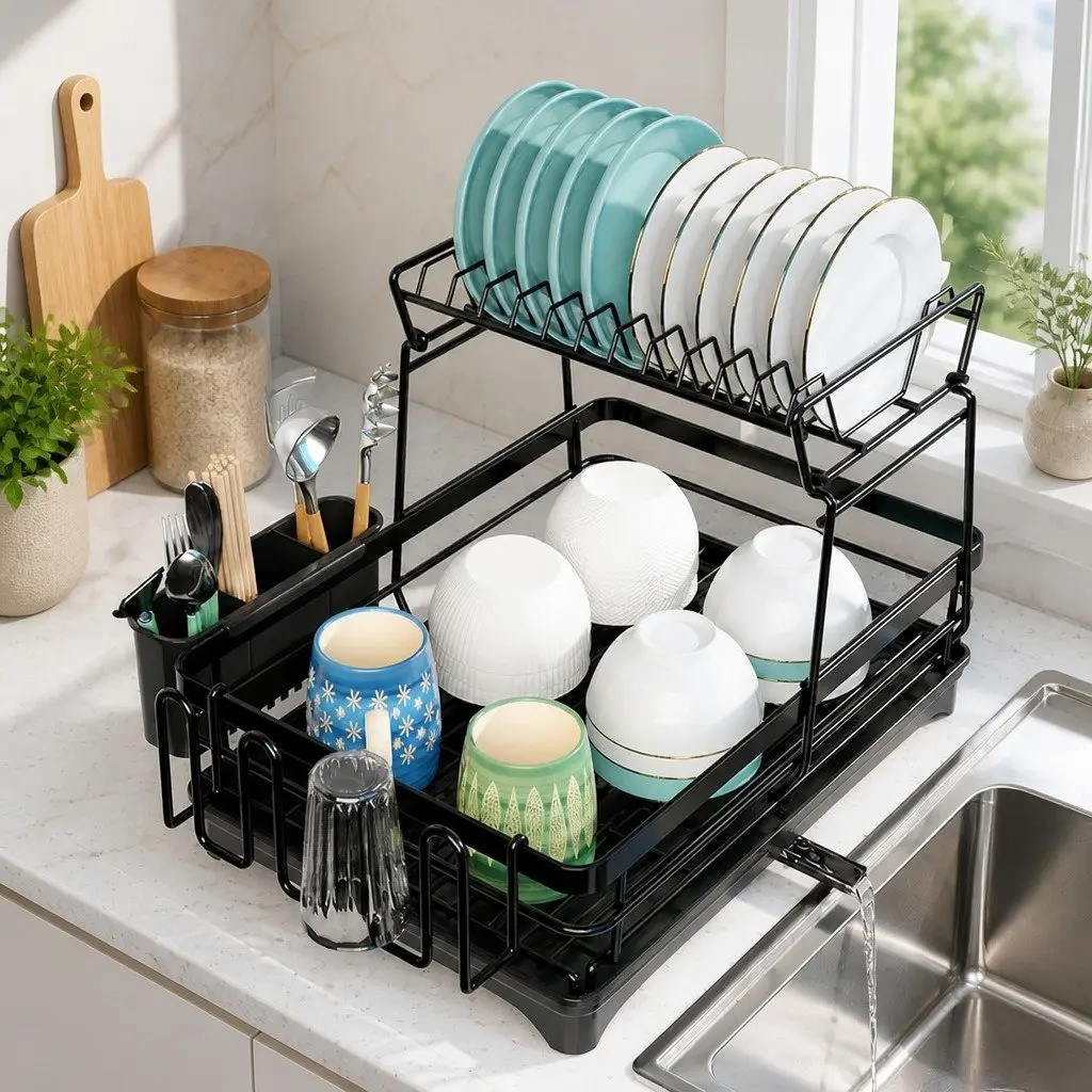 2-Tier Dish Drying Rack Kitchen Counter Utensil Holder Cup Organizer Black Carbon Steel 42x32x30cm