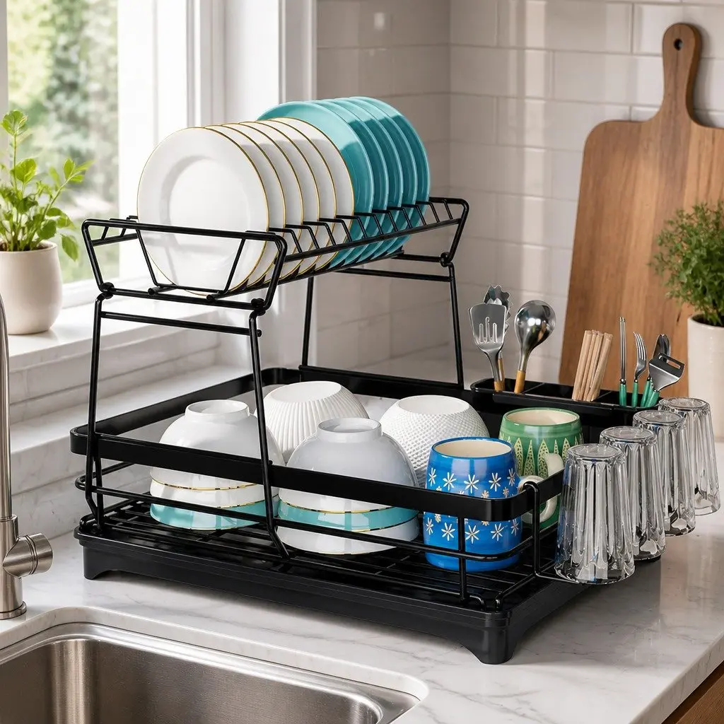 2-Tier Dish Drying Rack Kitchen Counter Utensil Holder Cup Organizer Black Carbon Steel 42x32x30cm