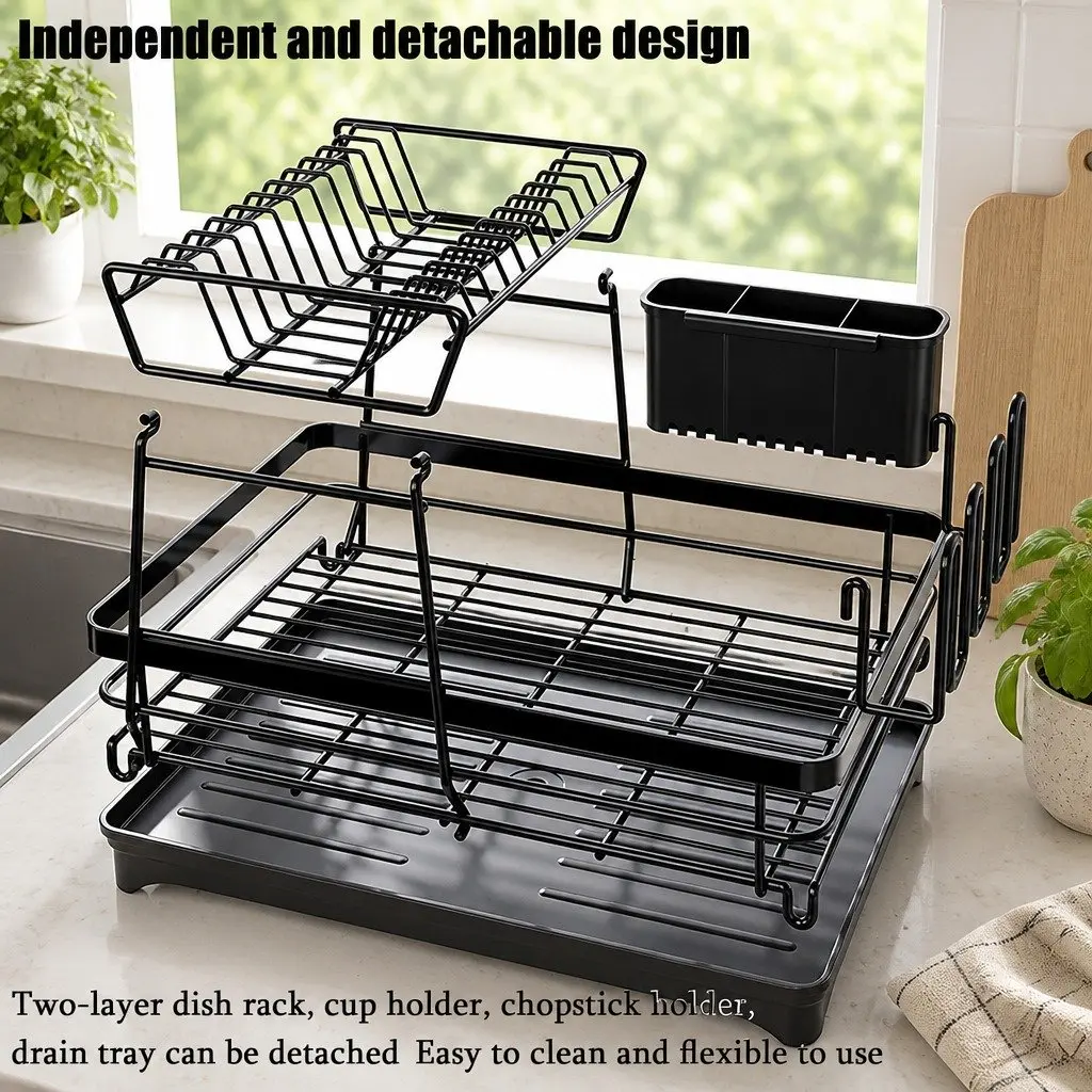 2-Tier Dish Drying Rack Kitchen Counter Utensil Holder Cup Organizer Black Carbon Steel 42x32x30cm