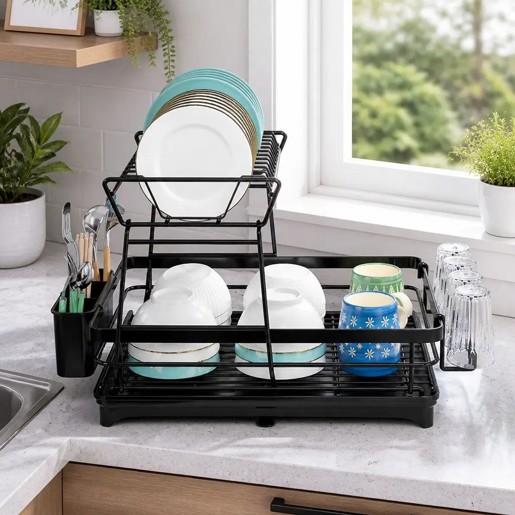 2-Tier Dish Drying Rack Kitchen Counter Utensil Holder Cup Organizer Black Carbon Steel 42x32x30cm