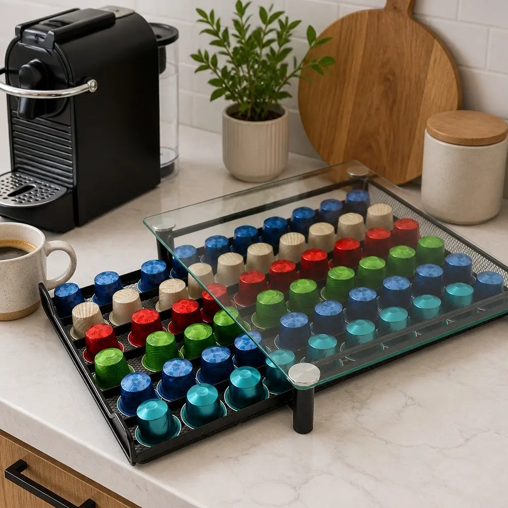 Coffee Pod Holder Drawer Organizer 60 Capacity Tempered Glass Kitchen