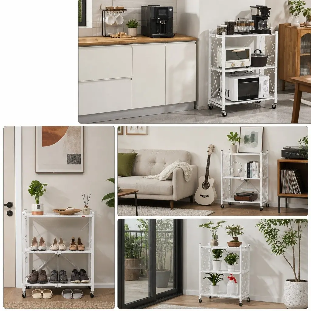 3-Tier Foldable Storage Shelf with Lockable Wheels for Kitchen Garage Pantry