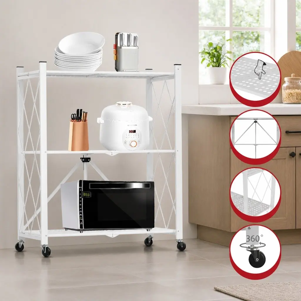 3-Tier Foldable Storage Shelf with Lockable Wheels for Kitchen Garage Pantry