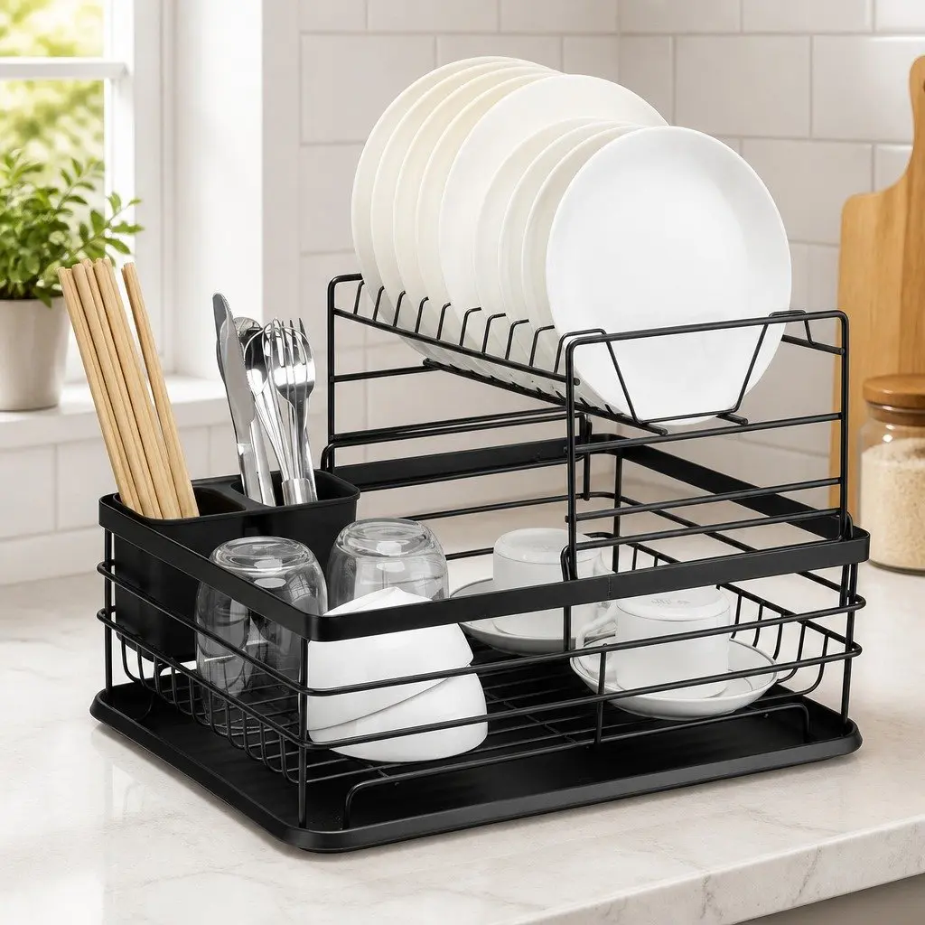 Dish Drying Rack 2-Tier Kitchen Counter Removable Drip Tray Utensil Holder Black