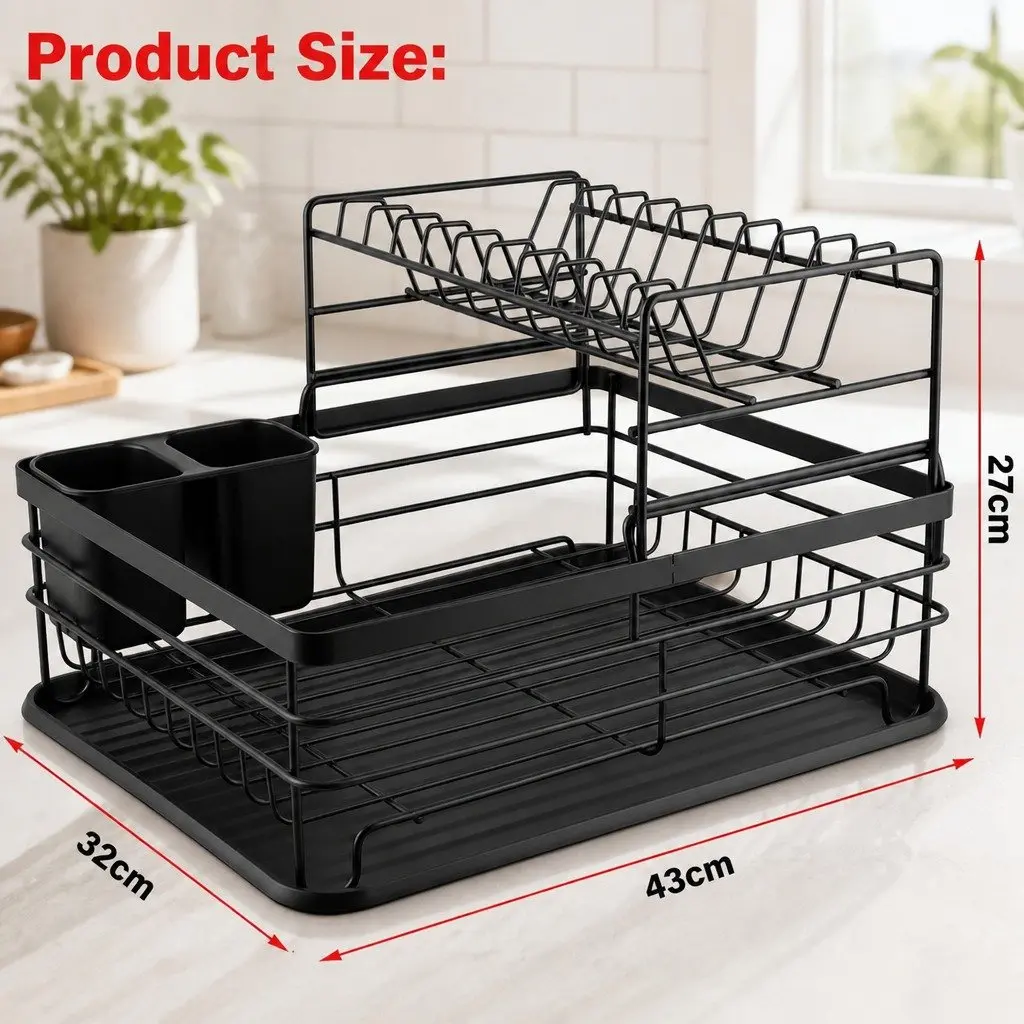 Dish Drying Rack 2-Tier Kitchen Counter Removable Drip Tray Utensil Holder Black