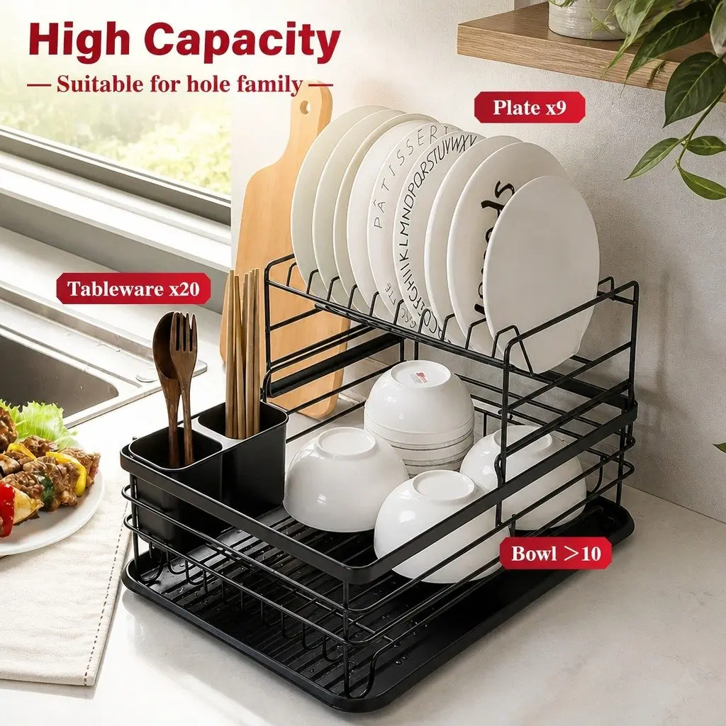 Dish Drying Rack 2-Tier Kitchen Counter Removable Drip Tray Utensil Holder Black