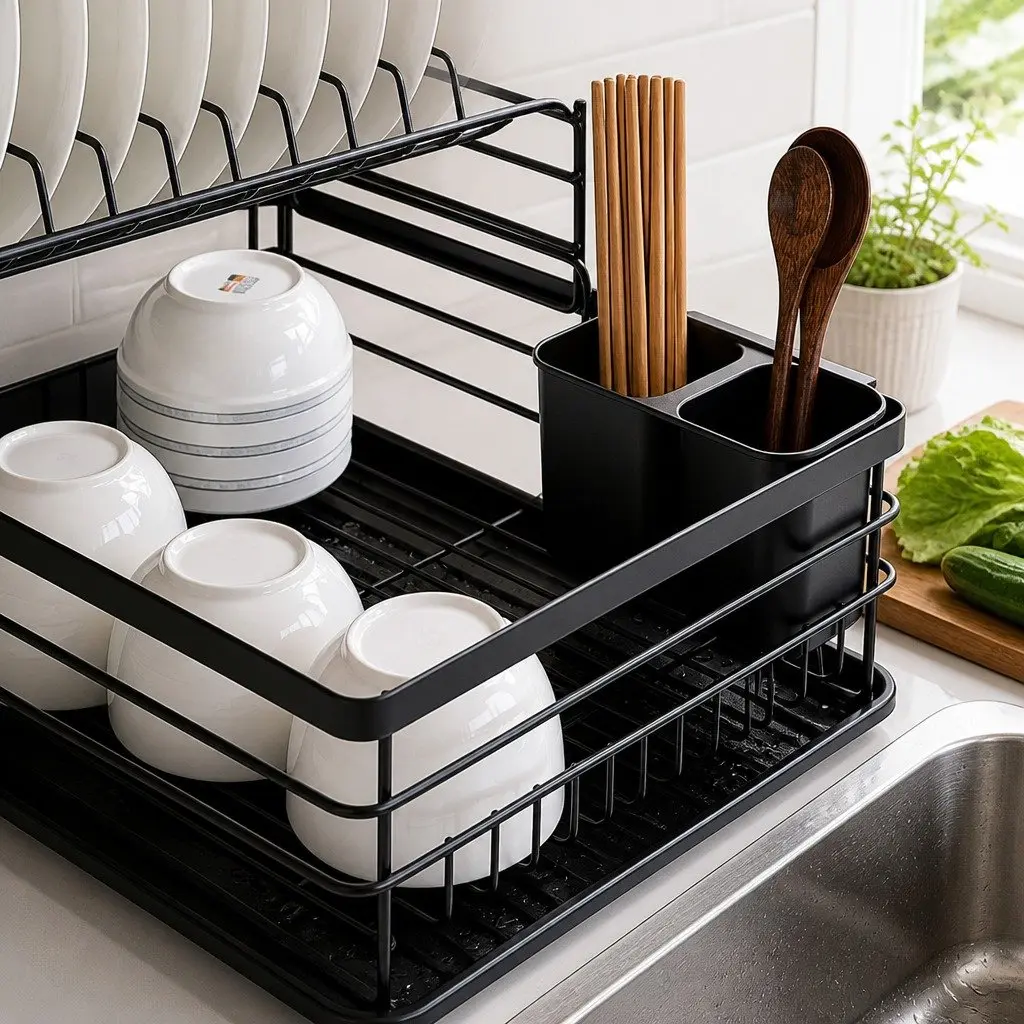 Dish Drying Rack 2-Tier Kitchen Counter Removable Drip Tray Utensil Holder Black