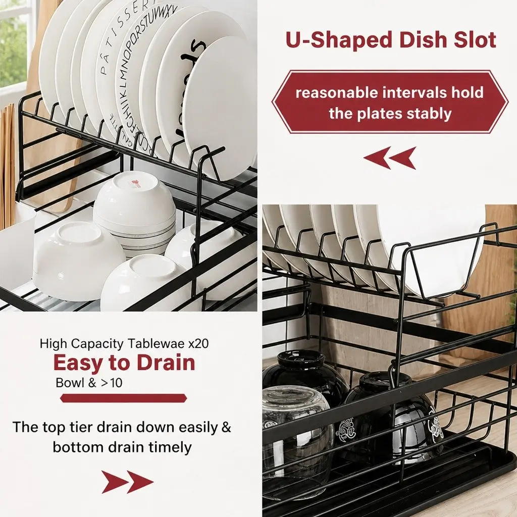 Dish Drying Rack 2-Tier Kitchen Counter Removable Drip Tray Utensil Holder Black