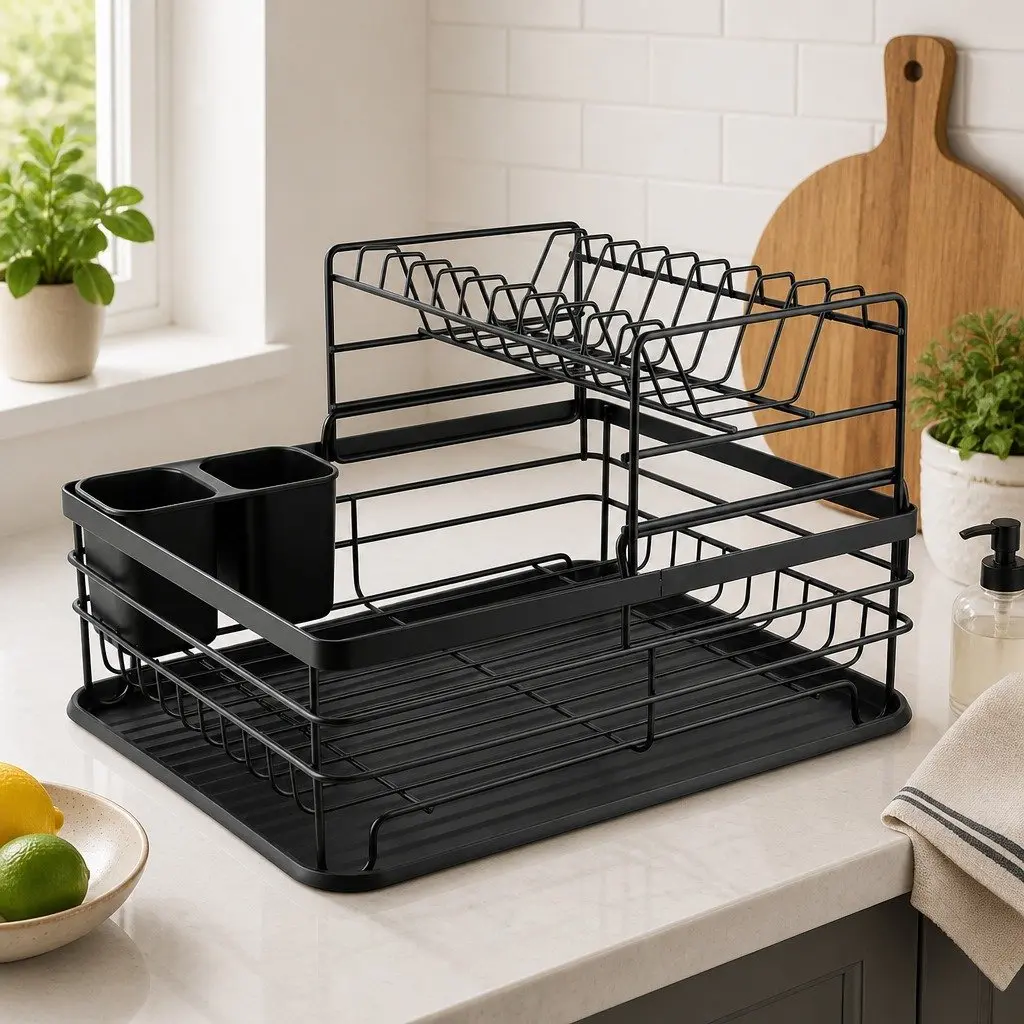 Dish Drying Rack 2-Tier Kitchen Counter Removable Drip Tray Utensil Holder Black