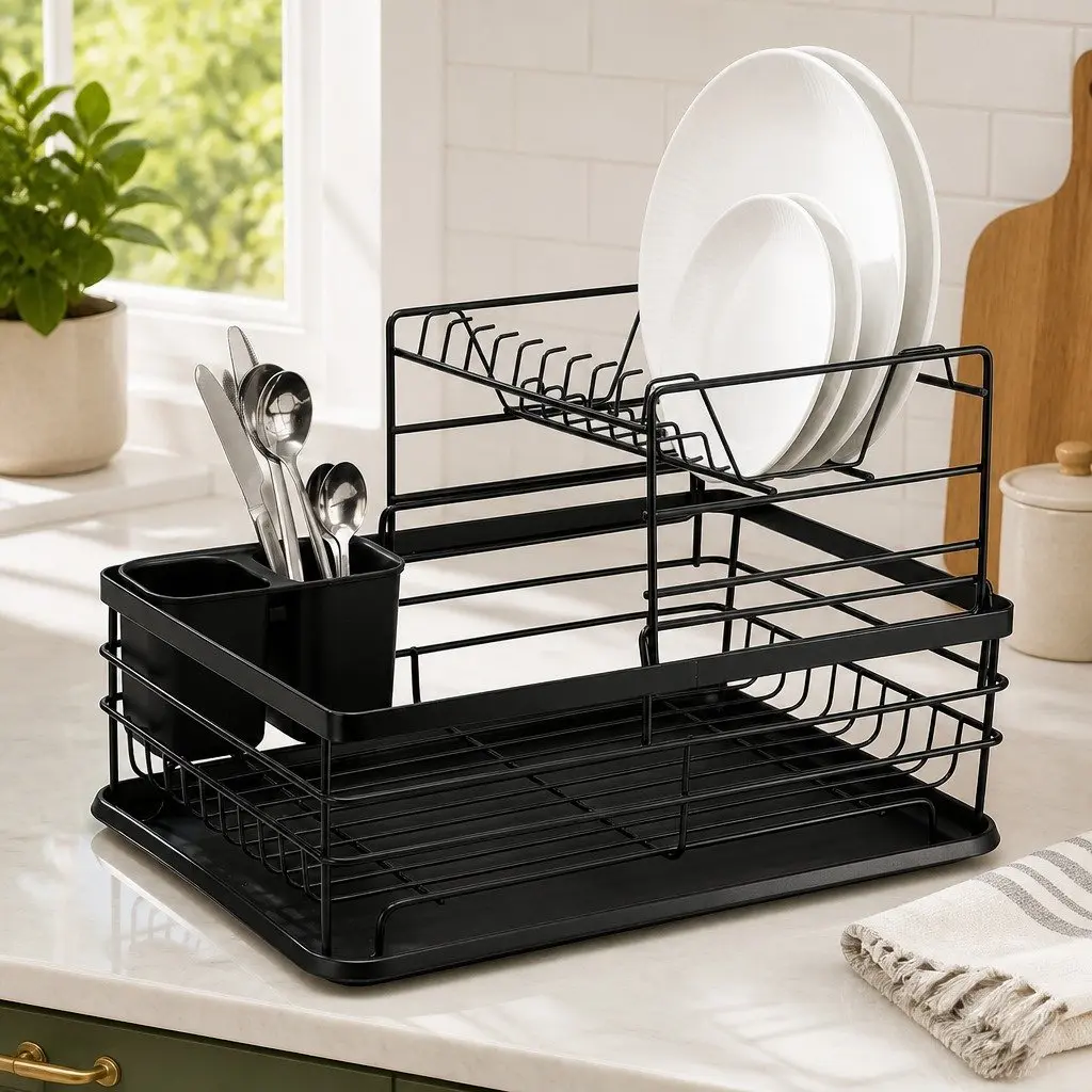 Dish Drying Rack 2-Tier Kitchen Counter Removable Drip Tray Utensil Holder Black