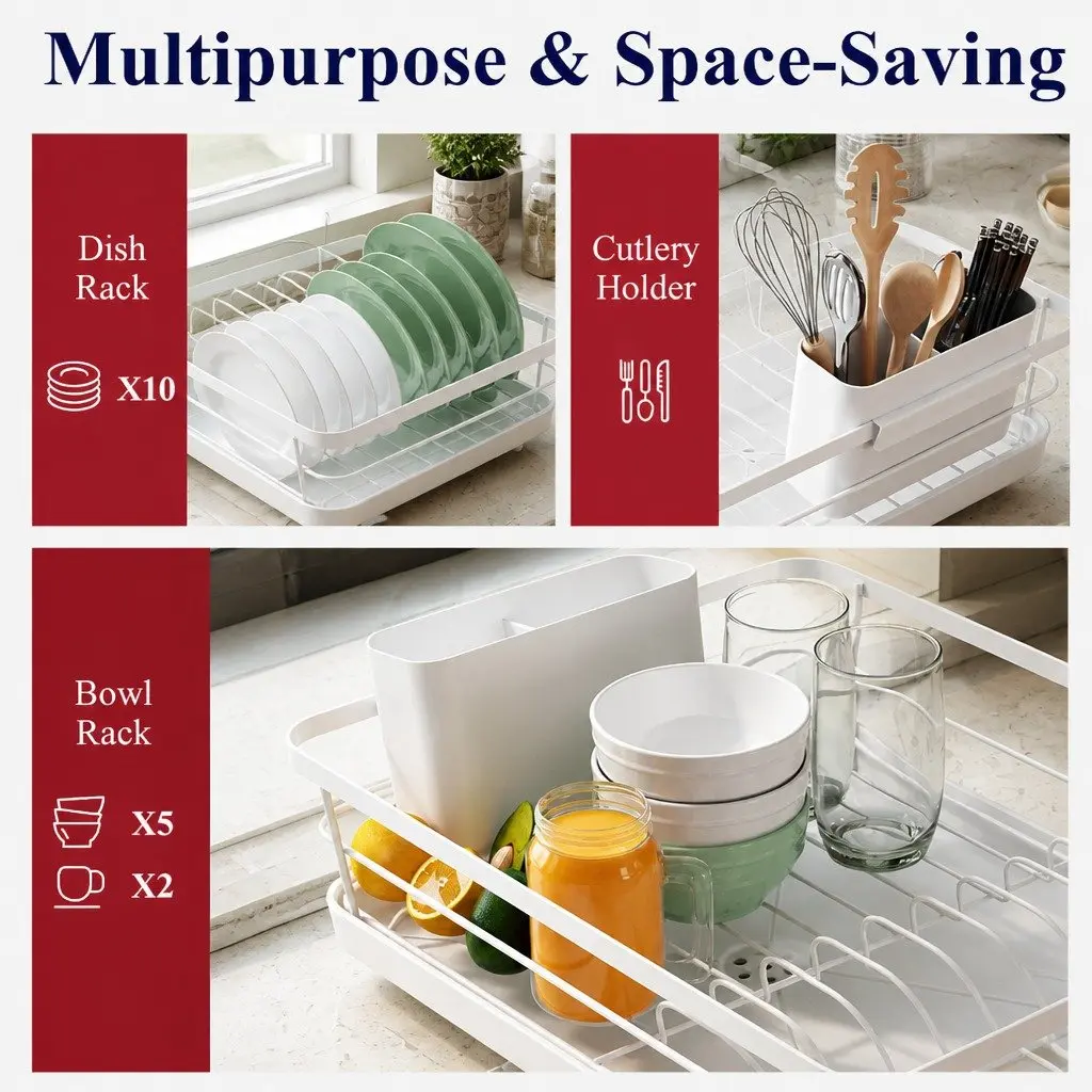 Dish Drying Rack Two-Level Kitchen Counter Organizer Removable Drip Tray Cutlery Holder