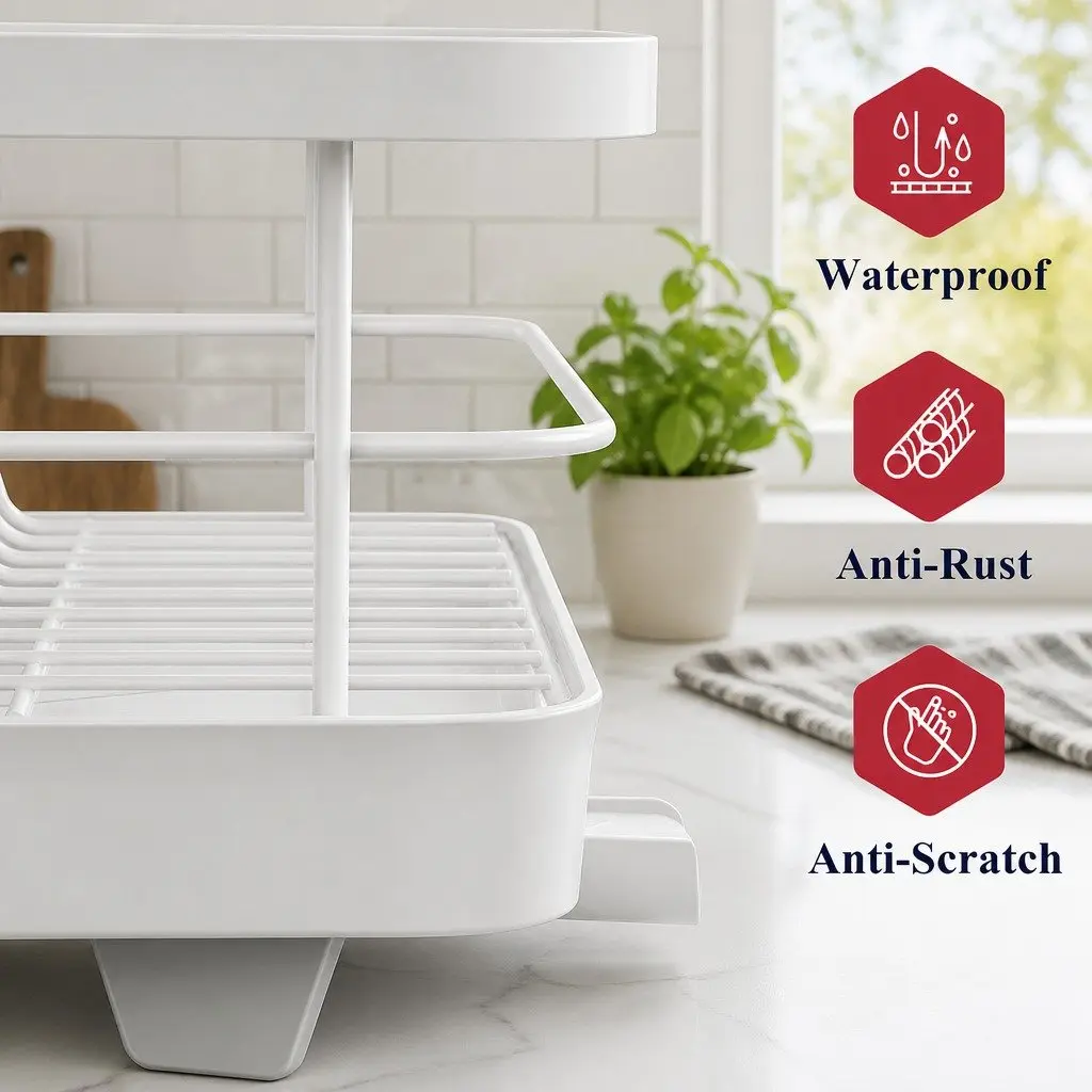 Dish Drying Rack Two-Level Kitchen Counter Organizer Removable Drip Tray Cutlery Holder