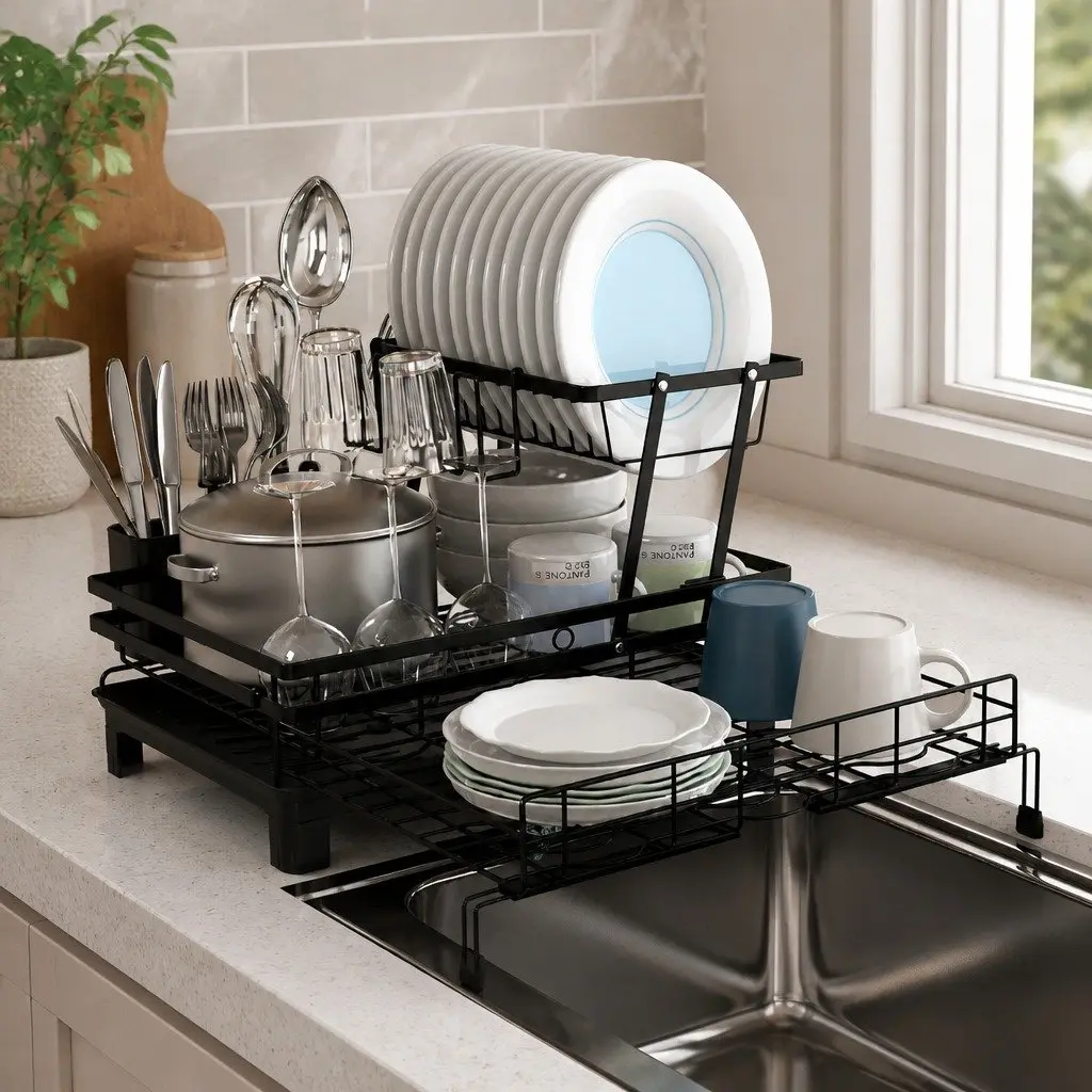 2-Tier Dish Drying Rack Expandable Over Sink Kitchen Countertop Organizer Stainless Steel Black