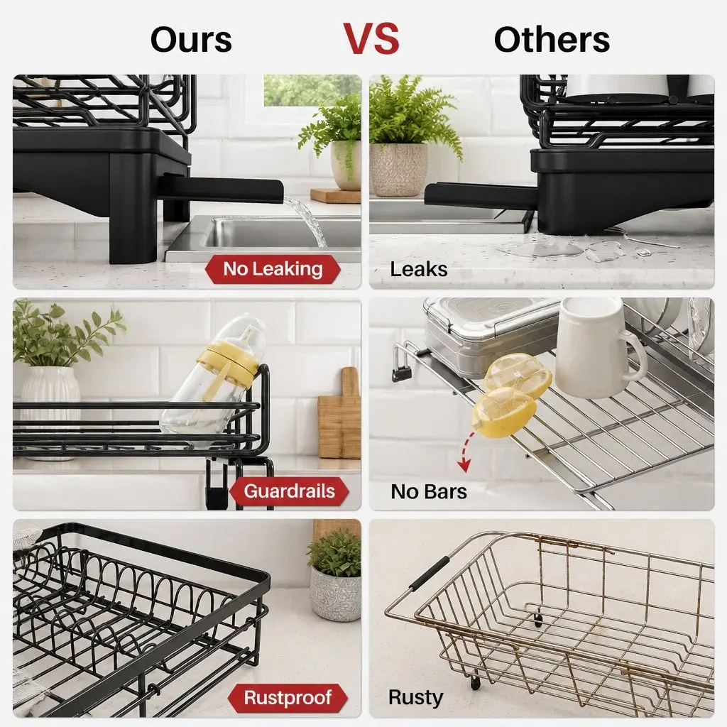 2-Tier Dish Drying Rack Expandable Over Sink Kitchen Countertop Organizer Stainless Steel Black
