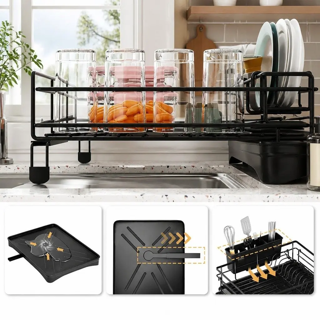 2-Tier Dish Drying Rack Expandable Over Sink Kitchen Countertop Organizer Stainless Steel Black