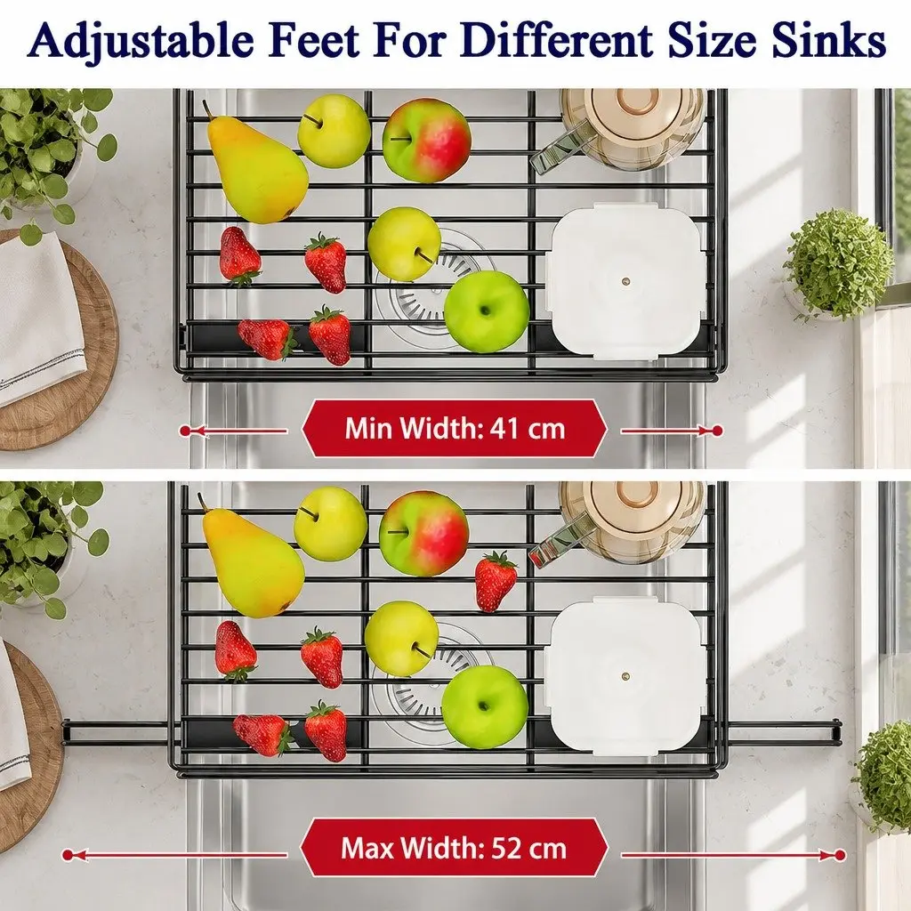 2-Tier Dish Drying Rack Expandable Over Sink Kitchen Countertop Organizer Stainless Steel Black
