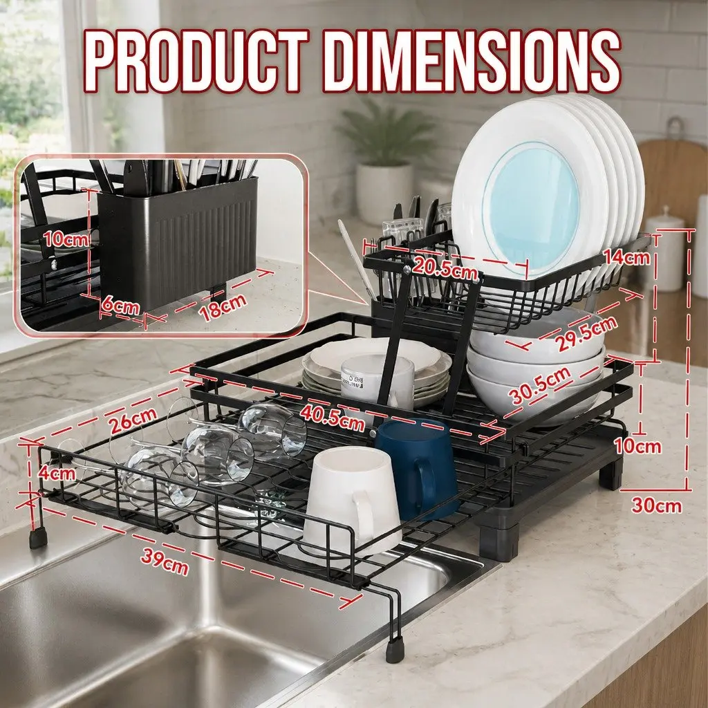 2-Tier Dish Drying Rack Expandable Over Sink Kitchen Countertop Organizer Stainless Steel Black