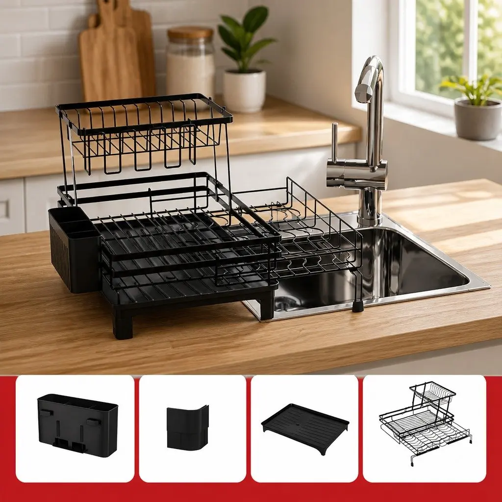 2-Tier Dish Drying Rack Expandable Over Sink Kitchen Countertop Organizer Stainless Steel Black