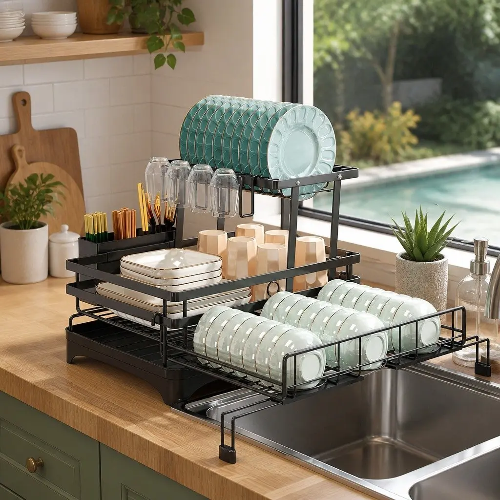 2-Tier Dish Drying Rack Expandable Over Sink Kitchen Countertop Organizer Stainless Steel Black