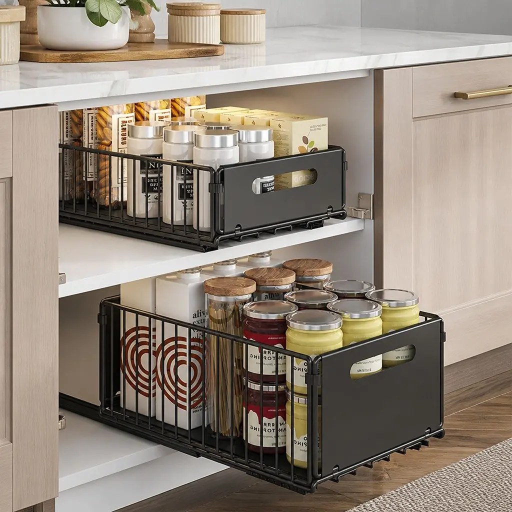 Pull Out Cabinet Organizer Drawers 2 Pack Adhesive Kitchen Storage Large Small Powder Coated Steel