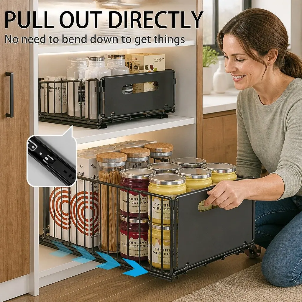 Pull Out Cabinet Organizer Drawers 2 Pack Adhesive Kitchen Storage Large Small Powder Coated Steel