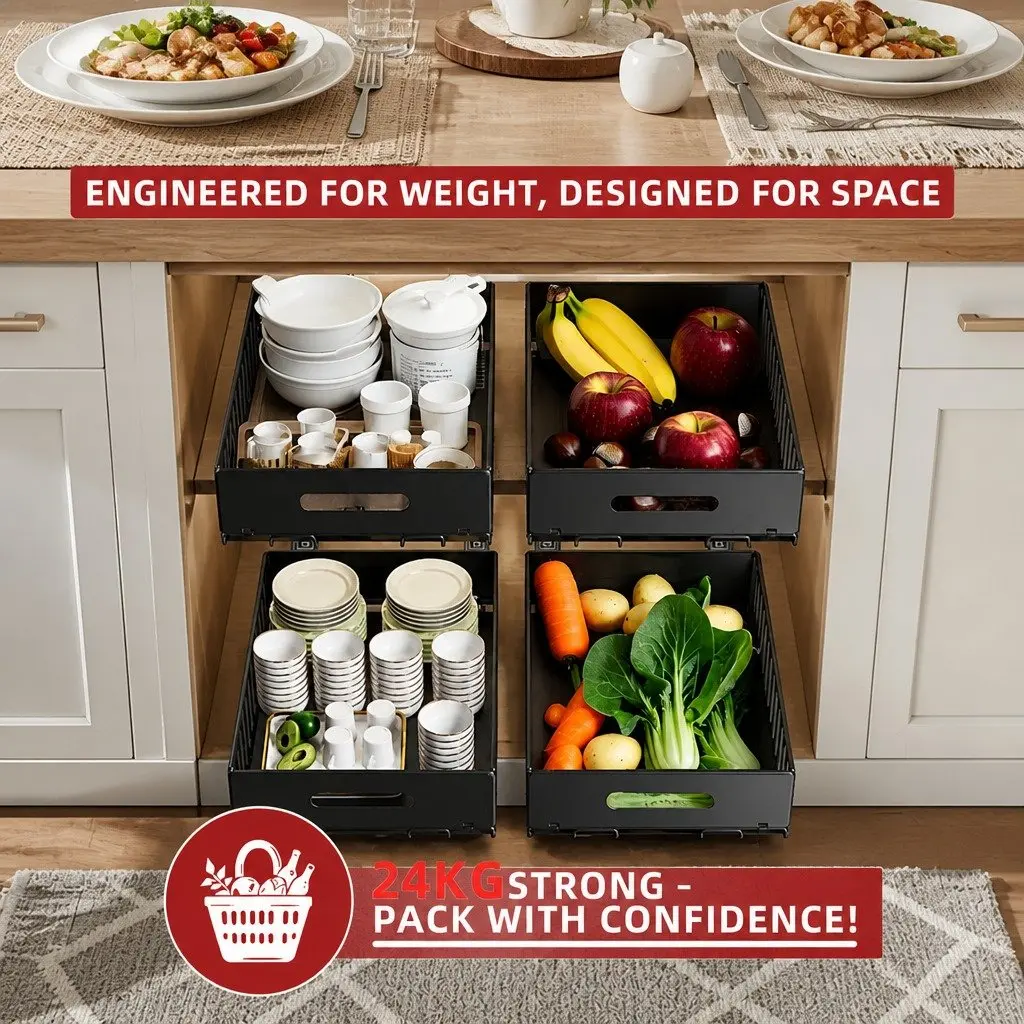 Pull Out Cabinet Organizer Drawers 2 Pack Adhesive Kitchen Storage Large Small Powder Coated Steel